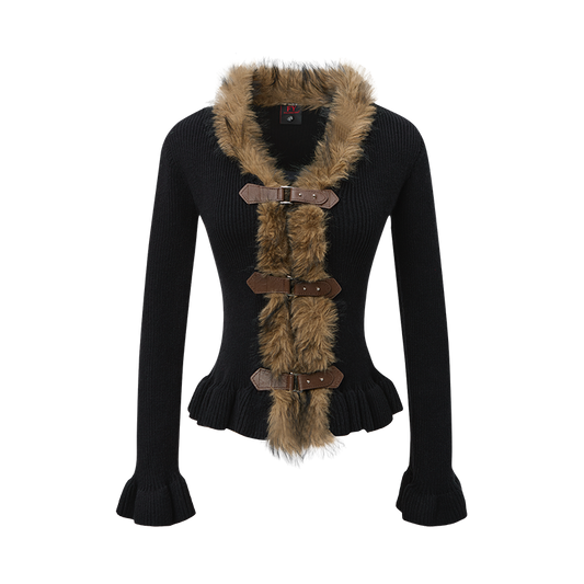 Buckled Fur | Knit Cardigan with Faux Trim