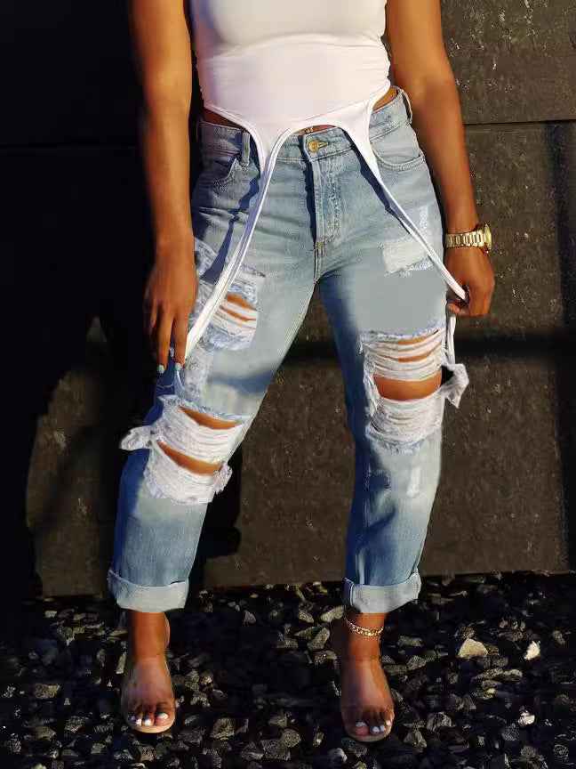 Street High-Waisted Ripped Nine-Panel Jeans
