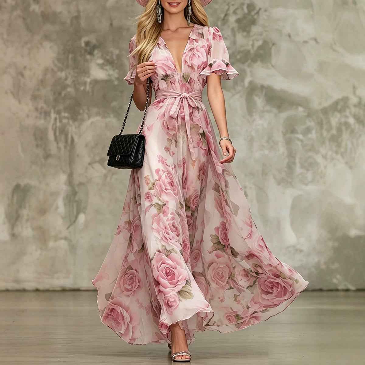 Deep V-neck ruffle sleeve printed dress