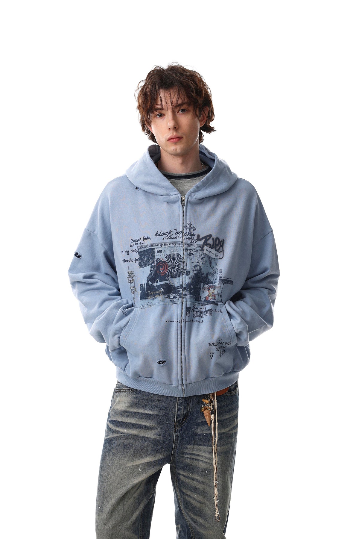 Faded Script Distress Zip Hoodie