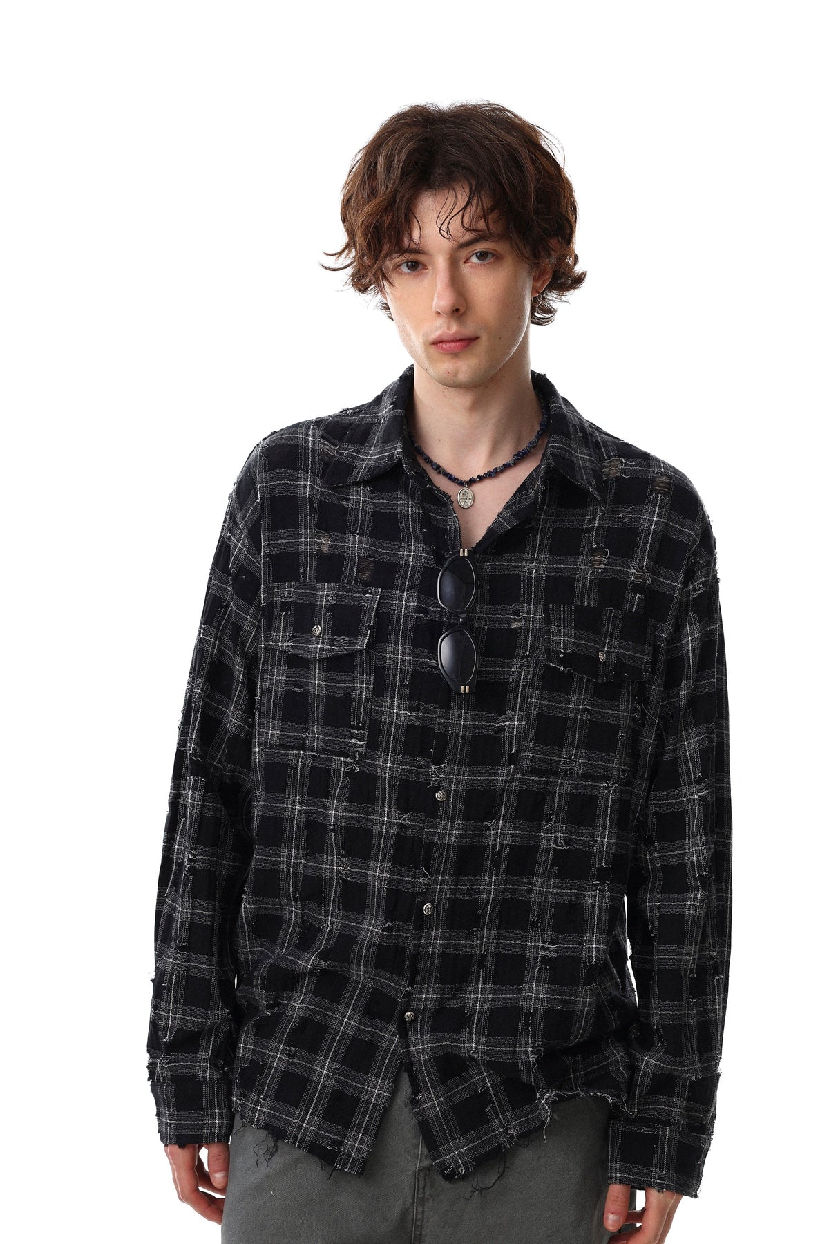 Distressed Plaid Flannel Shirt
