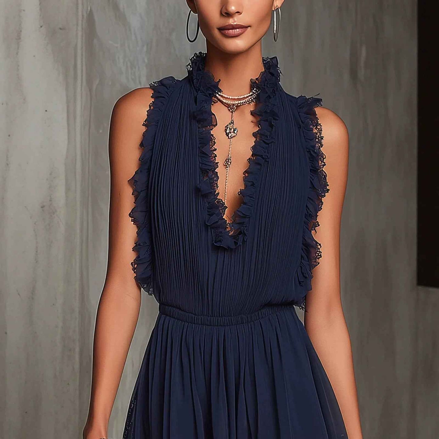 Sleeveless Deep Blue Lace Spliced Dress Fashion Sexy V-Neck Mini Dress Women's Wear