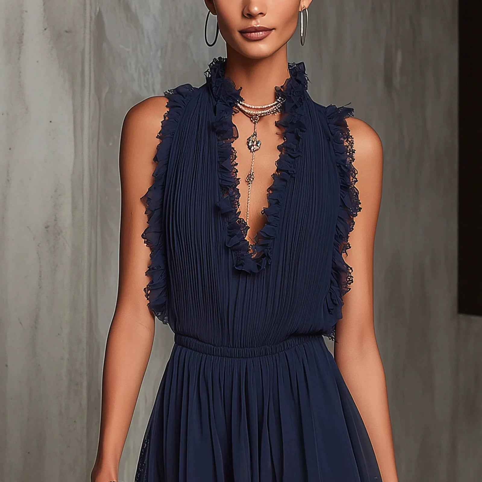 Sleeveless Deep Blue Lace Spliced Dress Fashion Sexy V-Neck Mini Dress Women's Wear