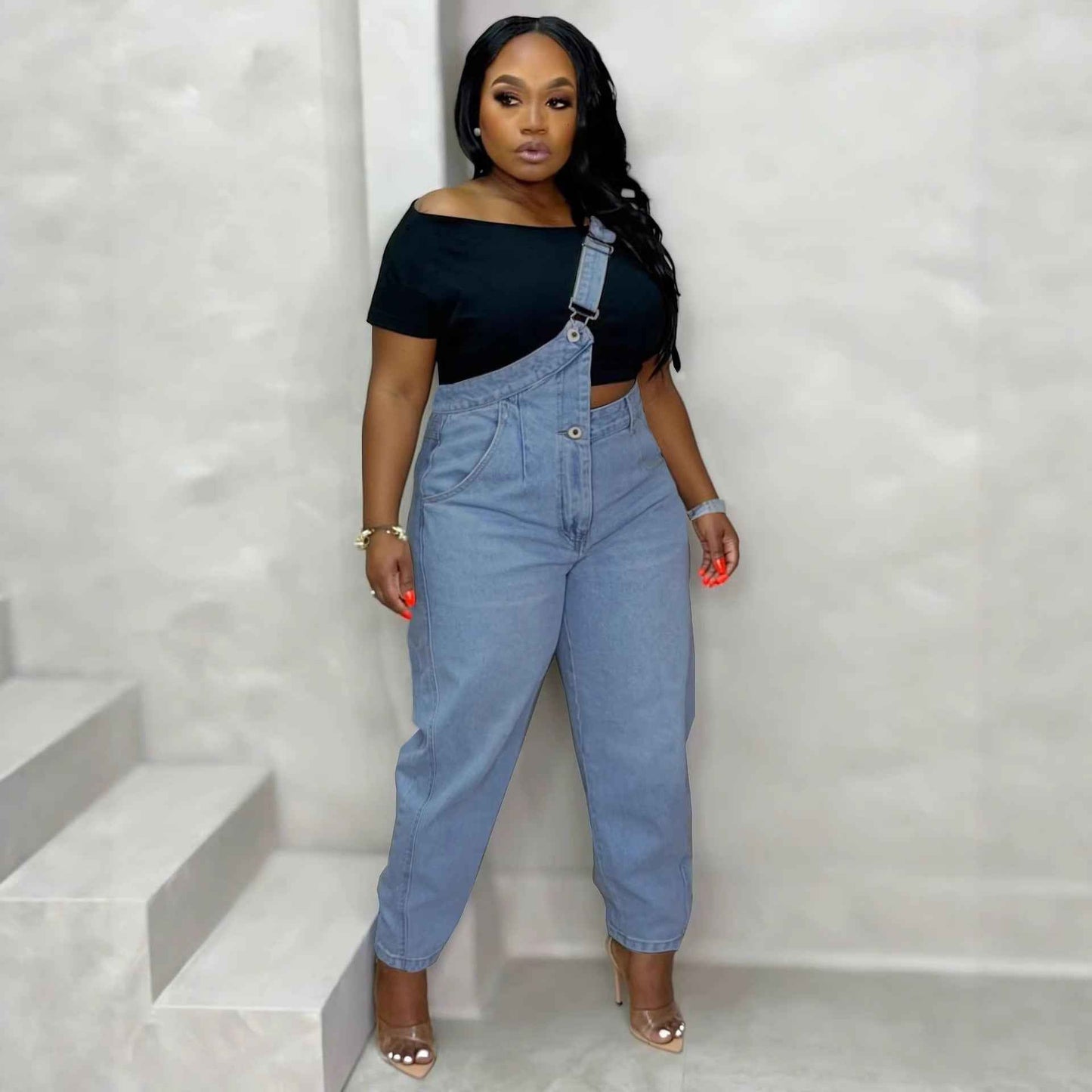Single Shoulder Strap Washed Straight Leg Jeans Pants