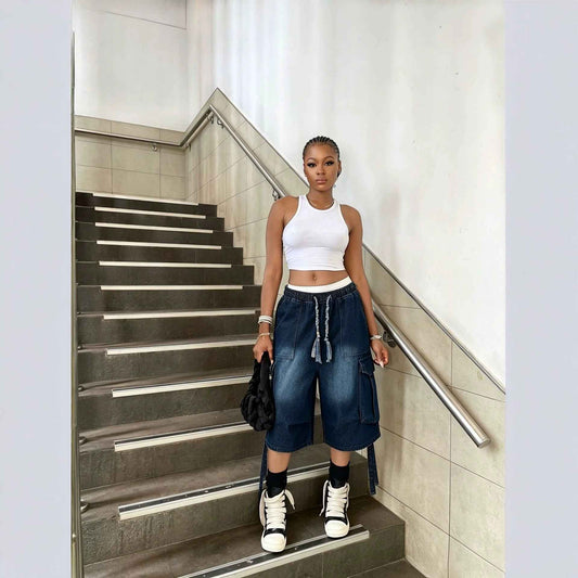 Workwear Denim Pants with Washed Finish Elastic Drawstring Waist Casual Style Bottoms