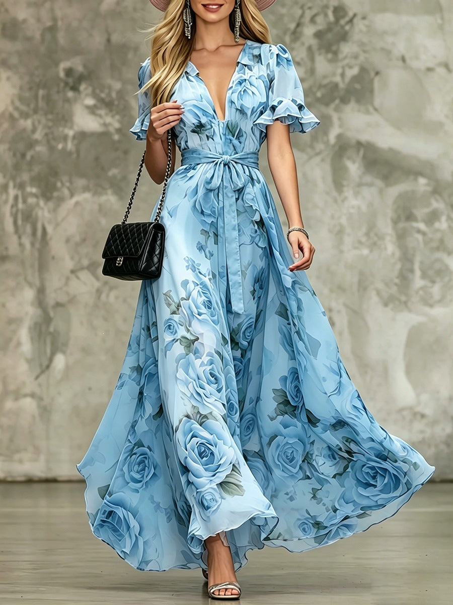 Deep V-neck ruffle sleeve printed dress