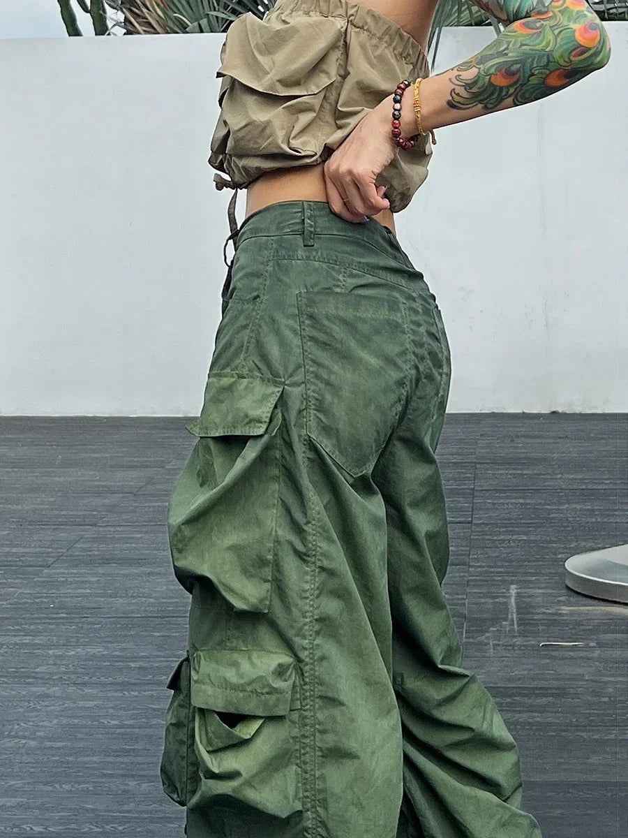 Solid Loose Pants For Women High Waist Patchwork Pockets Casual Streetwear Cargo Pant Female Fashion Clothing