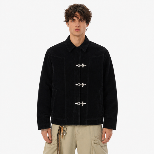 Retro Unique Metal Button Lapel Suede Bomber Jacket