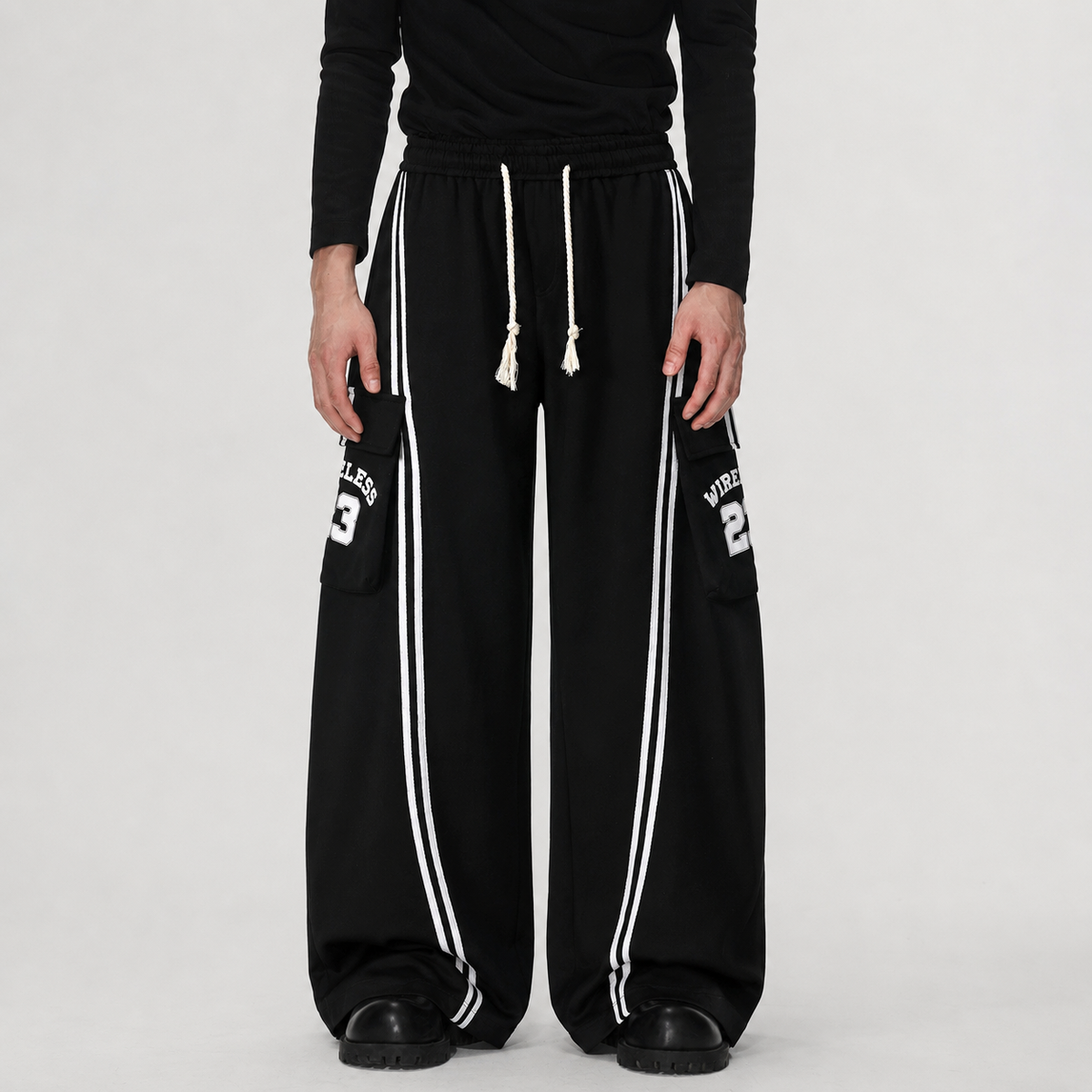Cotton Web Stitching Letter Print Drawstring Barrel Pants - OMYGOODS