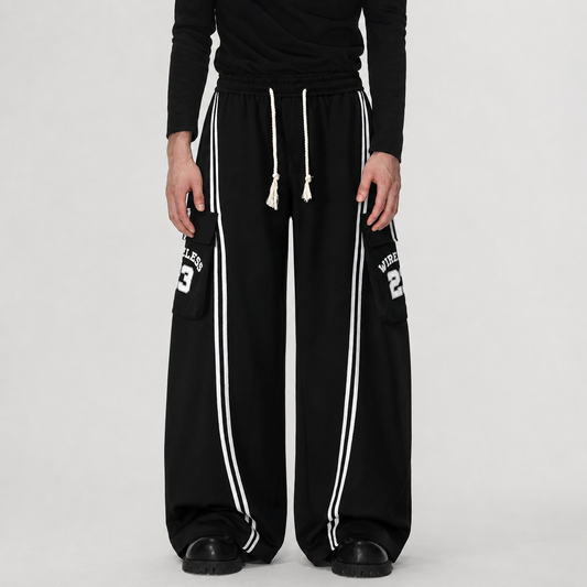 Cotton Web Stitching Letter Print Drawstring Barrel Pants