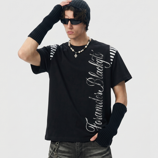 Streetwear Script Print Striped Patchwork T-Shirt