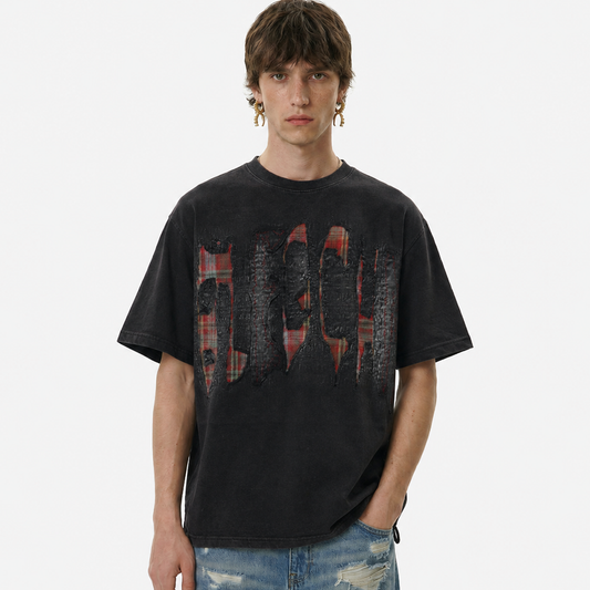 Oversized Plaid Patchwork Distressed T-Shirt for Effortless Style