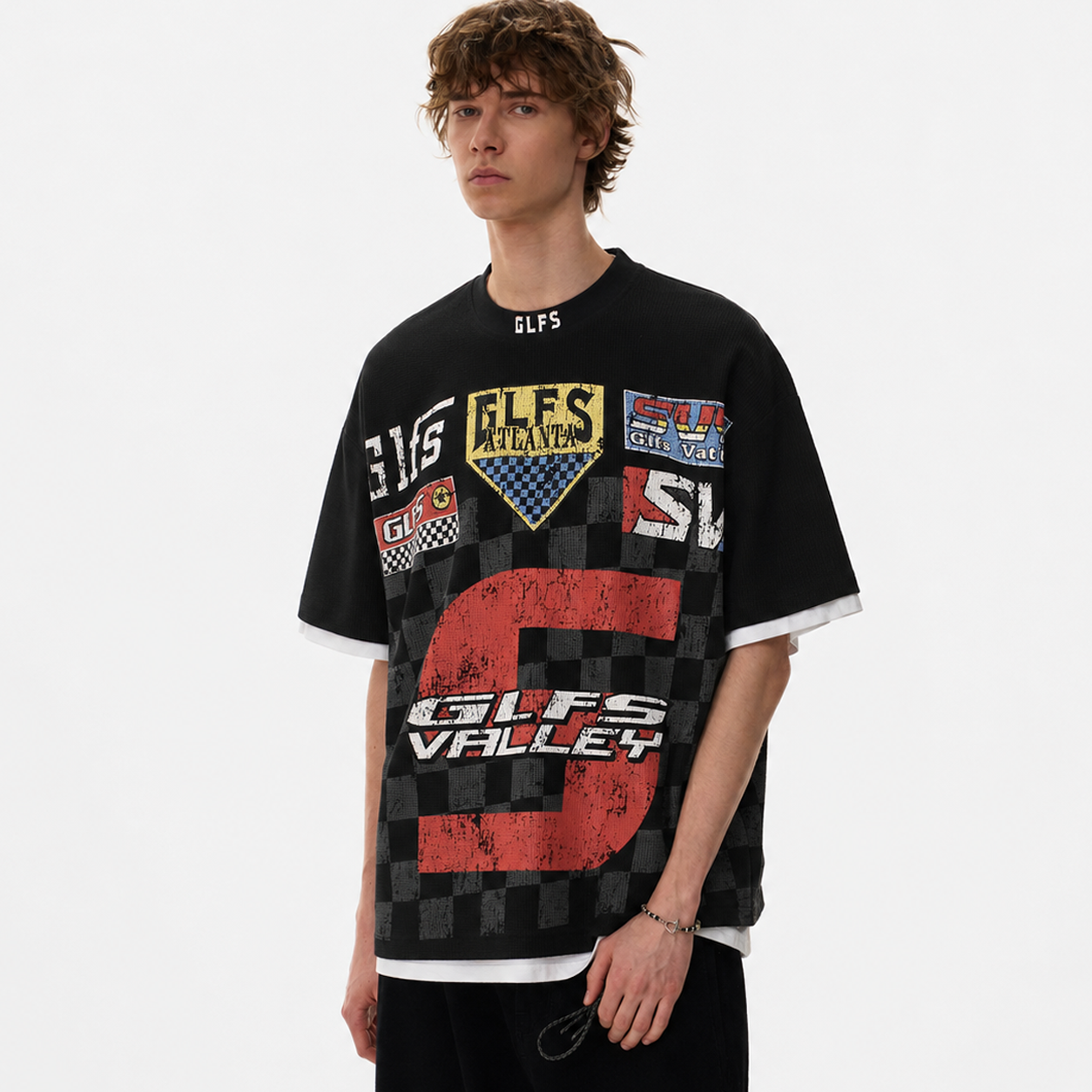Waffle Knit Racing Checkered Flag Graphic T-Shirt