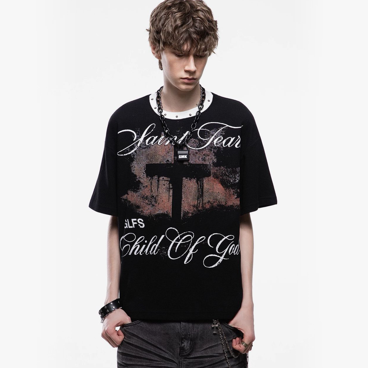 Gothic Cross Print Studded Collar Waffle Knit Graphic T-Shirt