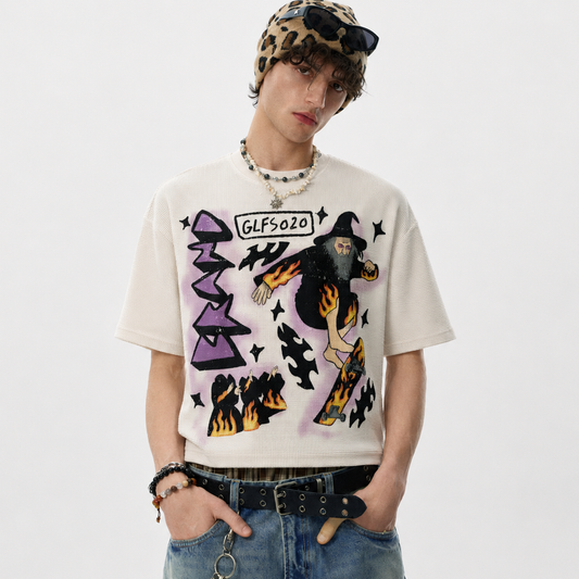 Waffle Knit Skate Wizard Flame Graphic T-Shirt