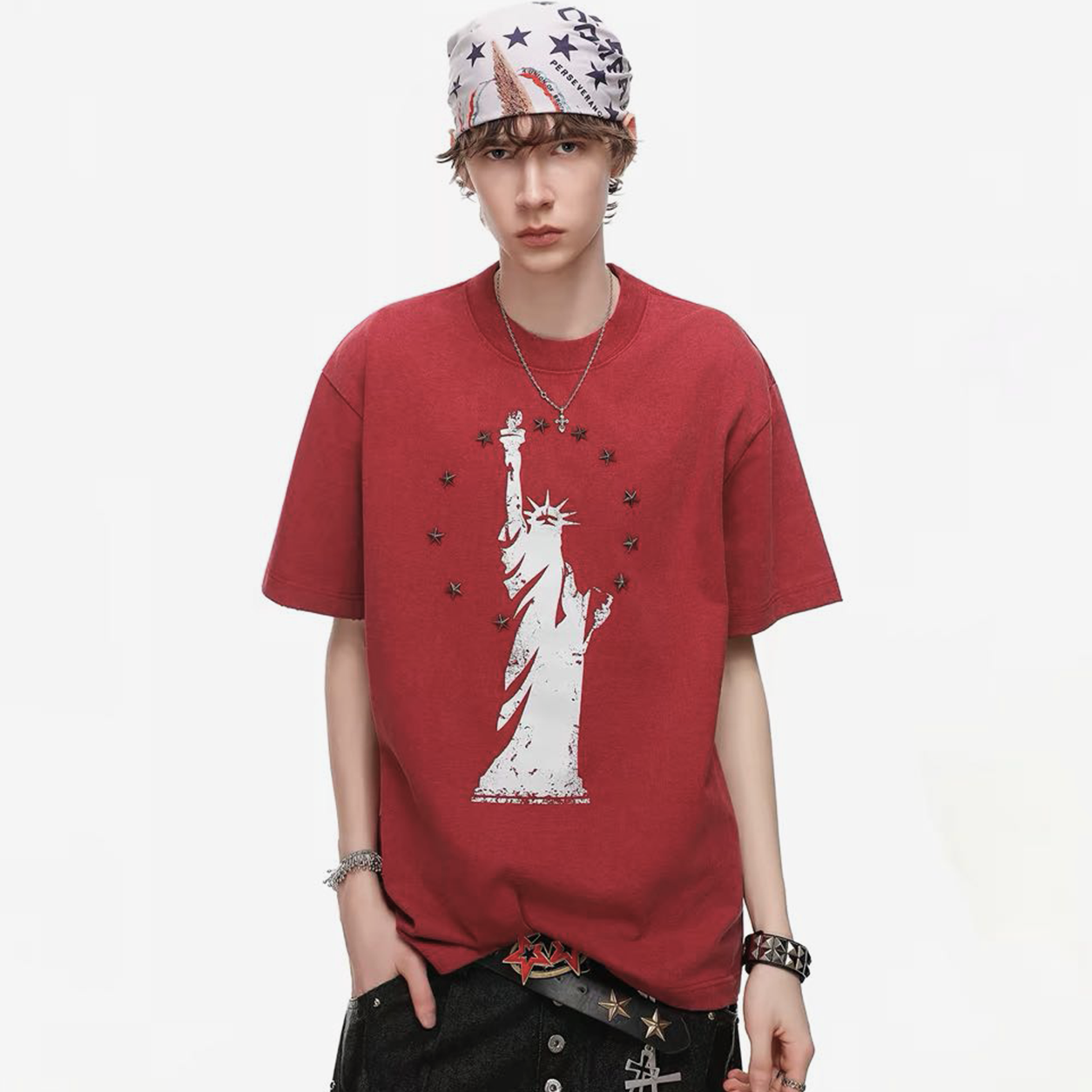 Statue of Liberty Print and Star Details T-Shirt