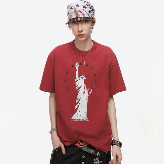 Statue of Liberty Print and Star Details T-Shirt