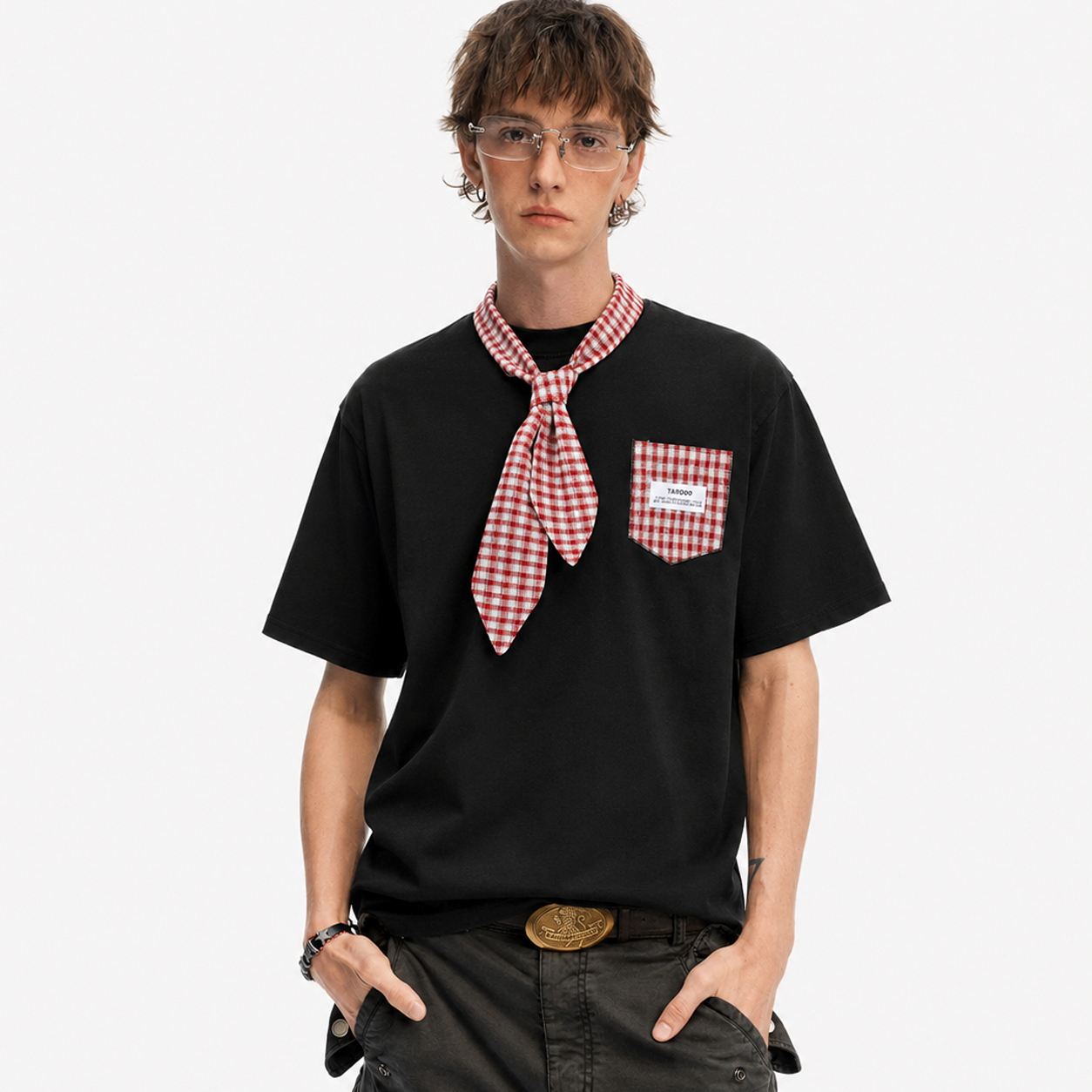 Street Plaid Tie Short Sleeve T-Shirt