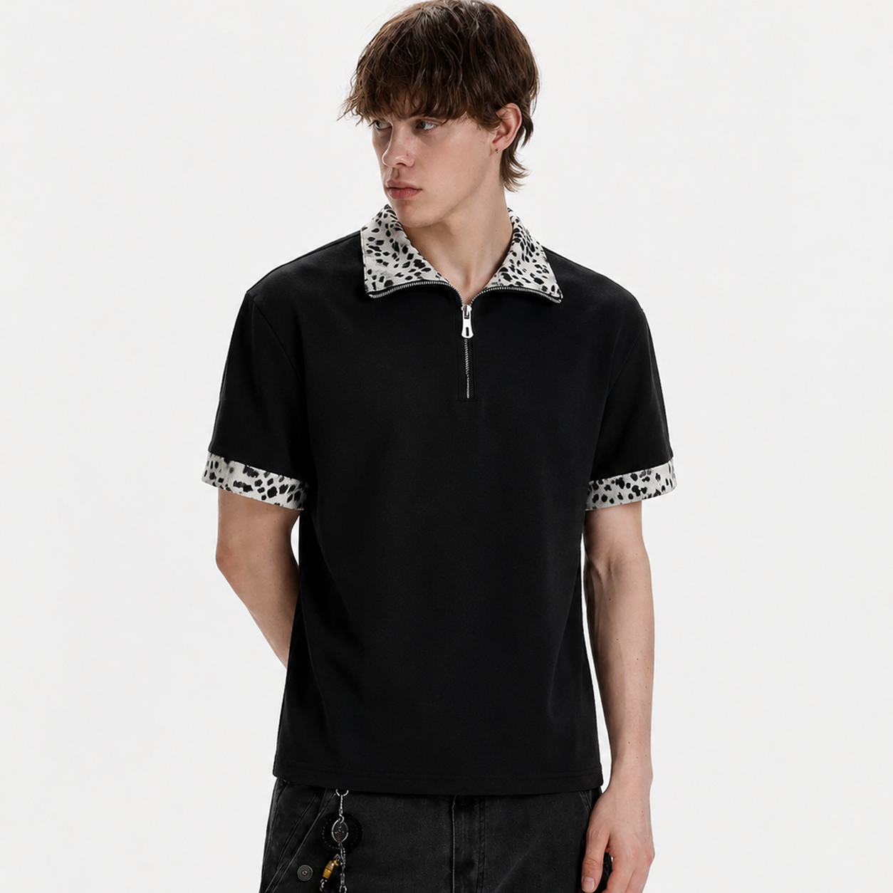 Leopard Trim Half Zip Polo T-Shirt - Stylish Casualwear