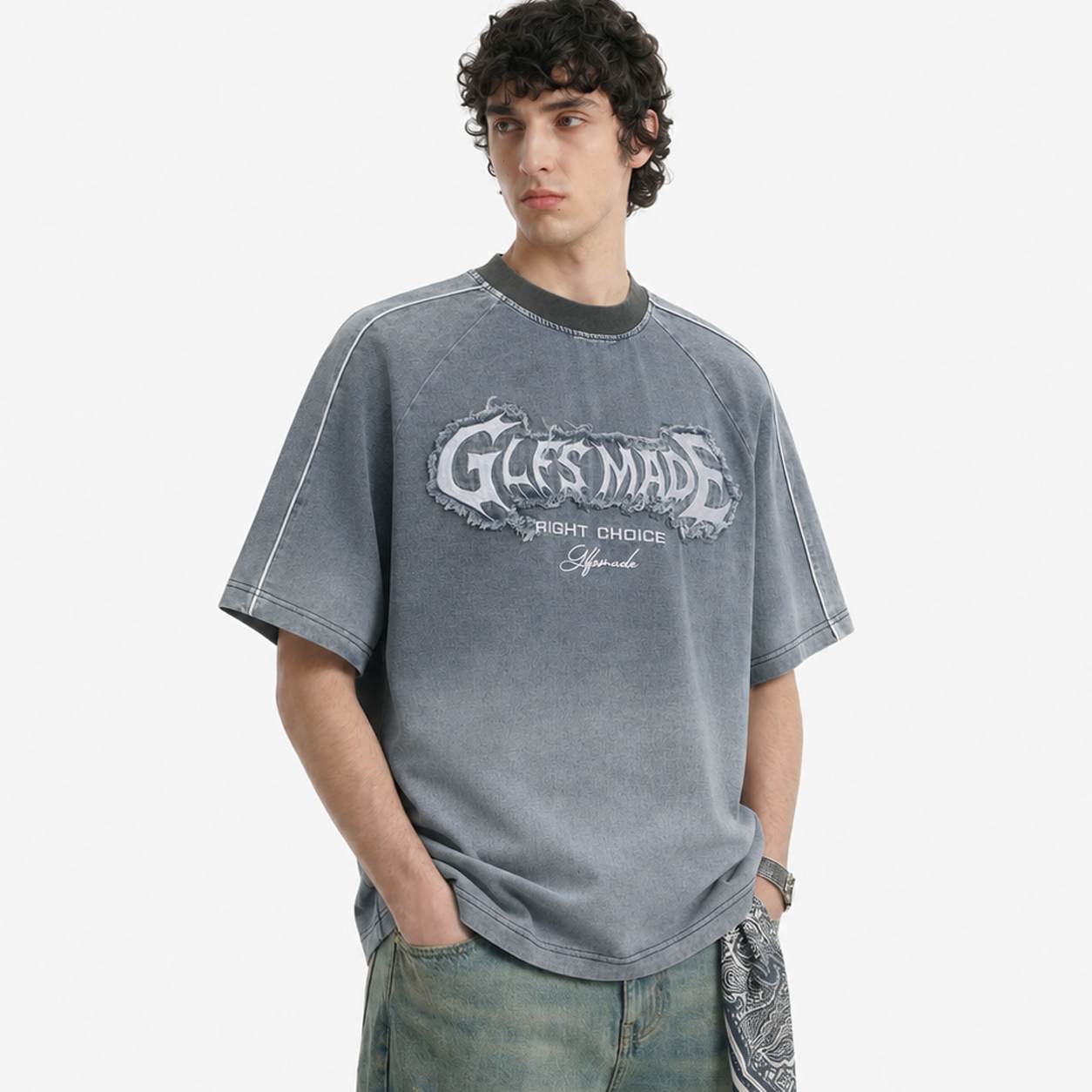 Raw-Edge Appliqué Acid-Wash T-Shirt