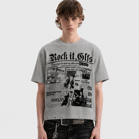Oversized Newspaper Print Grommet Detail T-Shirt