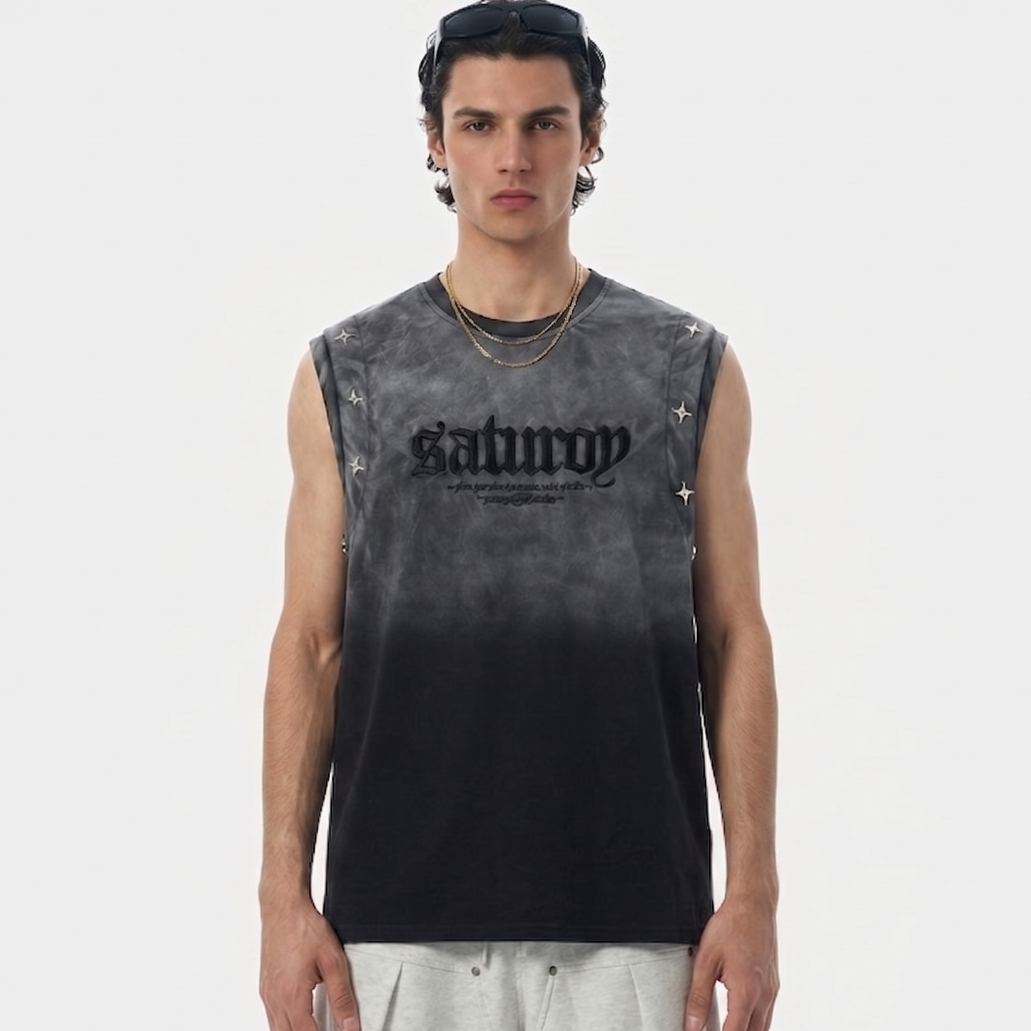 Jersey Knit Gradient Embroidered Stars Tank Top
