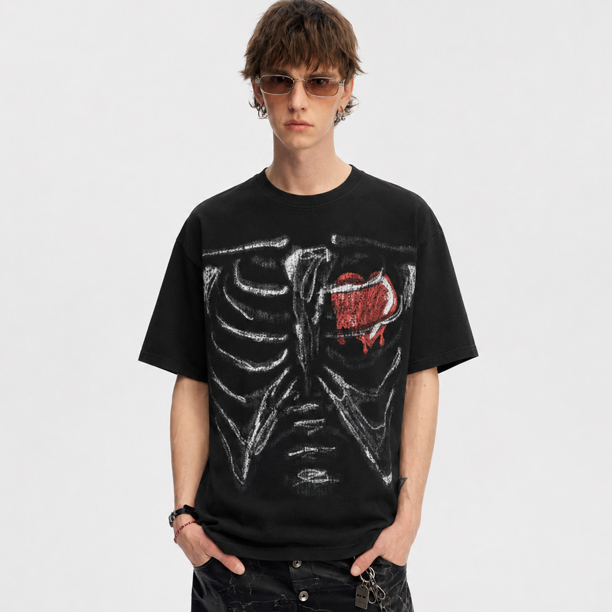 Skeleton & Melted Heart Graphic Waffle Knit T-Shirt