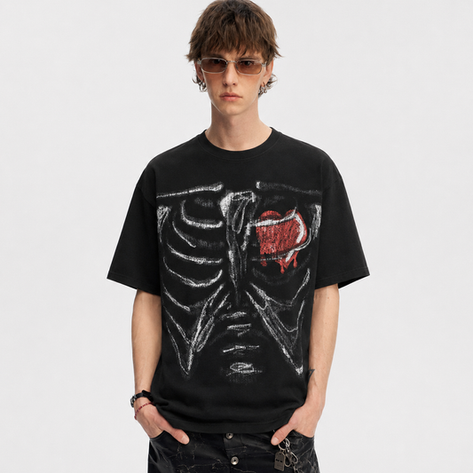 Skeleton & Melted Heart Graphic Waffle Knit T-Shirt