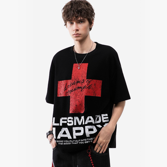 Oversized Red Cross Graphic Streetwear T-Shirt for Bold Style