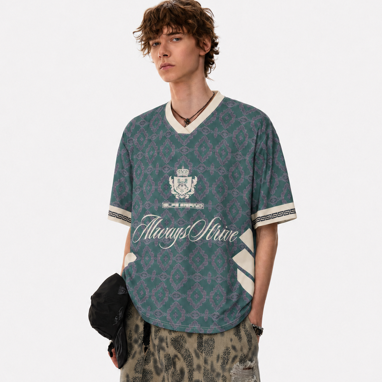 Always Strive Green Patterned Jersey V-Neck T-Shirt