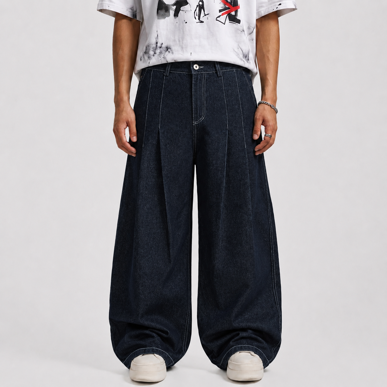 Deconstructed Contrast Stitching Pleated Baggy Barrel Jeans