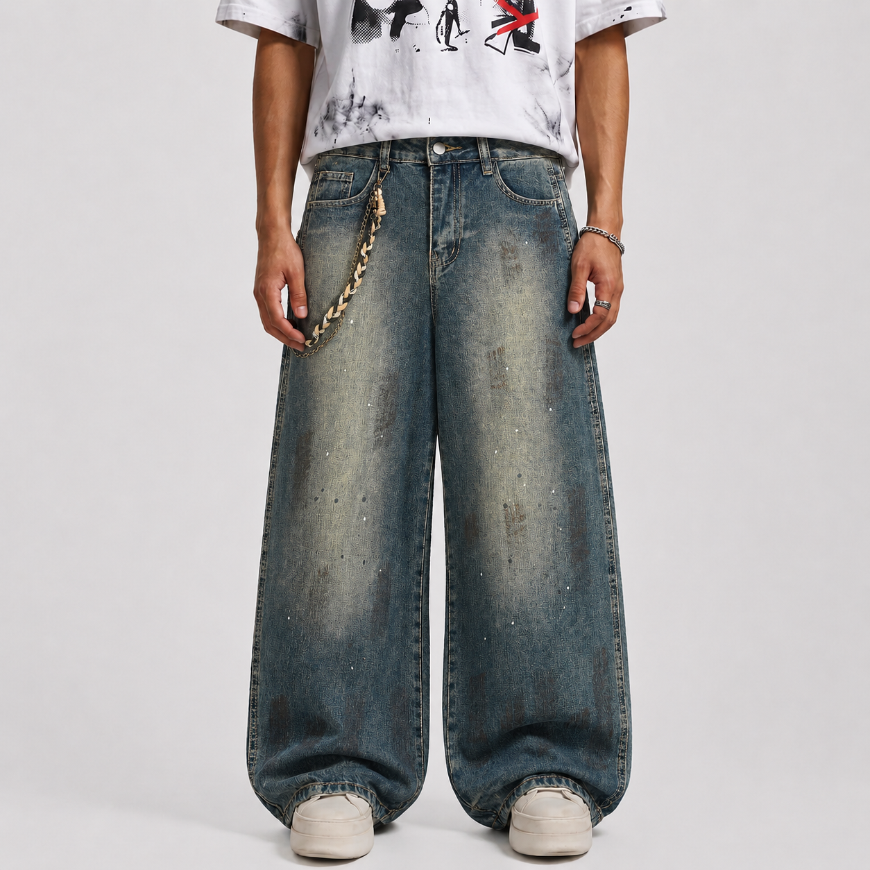 Vintage Inkjet Dirty Dye Washed Scimitar Distressed Jeans