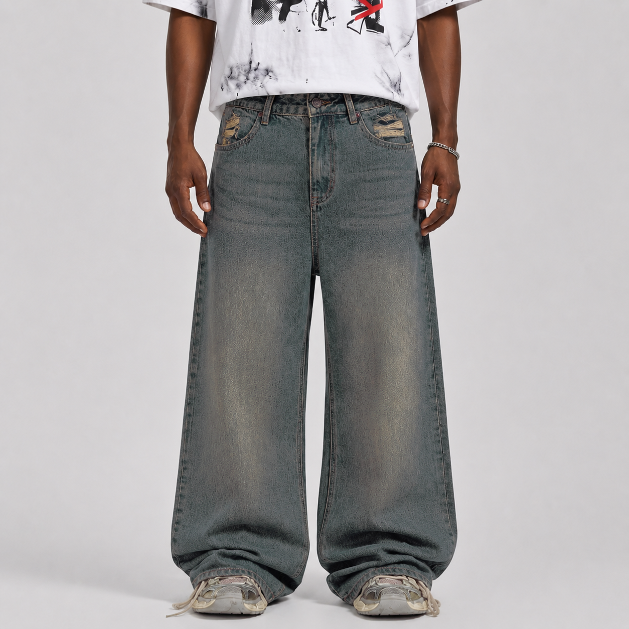 Washed Dirty-Dye Straight Jeans