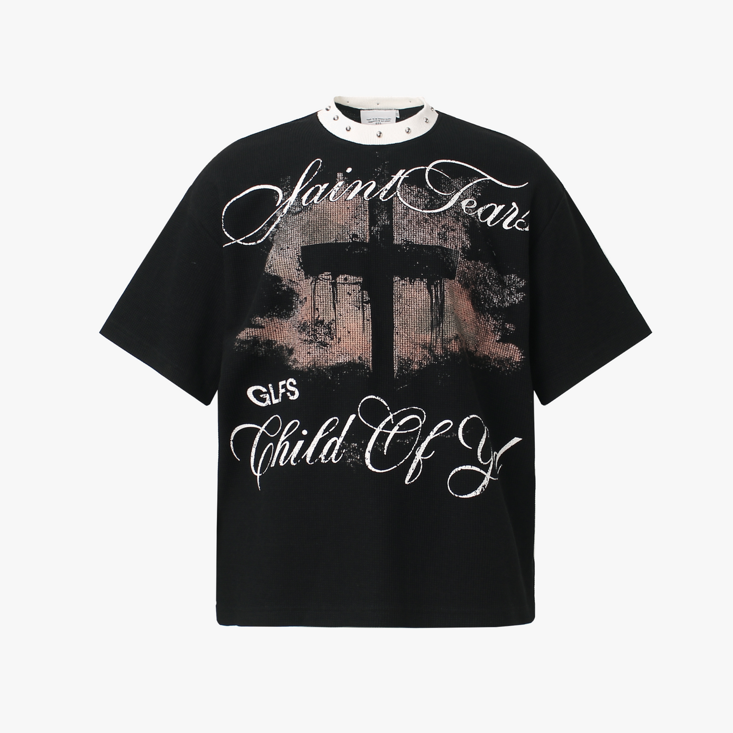 Gothic Cross Print Studded Collar Waffle Knit Graphic T-Shirt