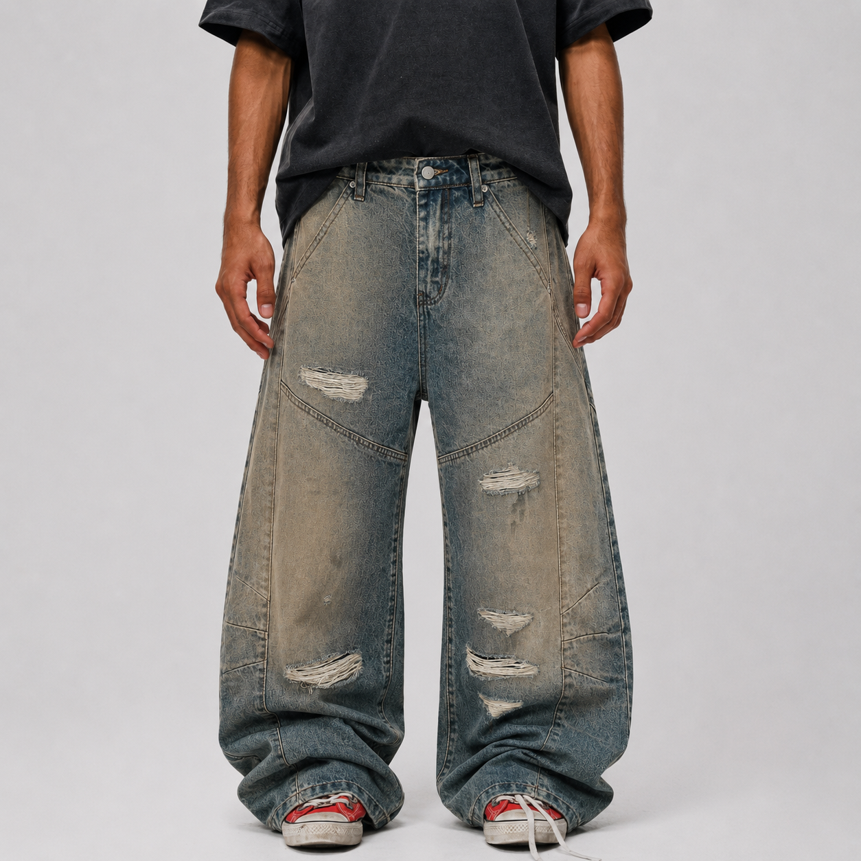 Vintage Mud-Dyed Distressed Barrel Jeans