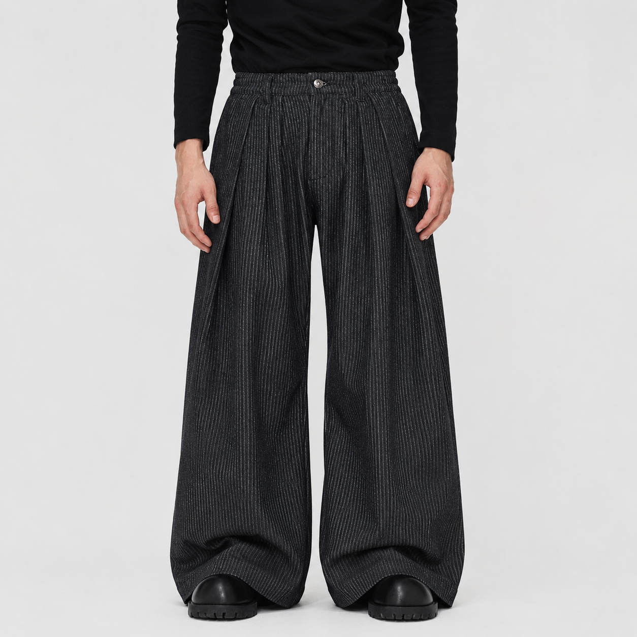 Vintage Pinstripe Pleated Wide-Leg Barrel Pants