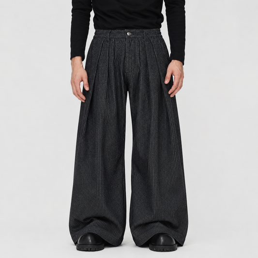 Vintage Pinstripe Pleated Wide-Leg Barrel Pants