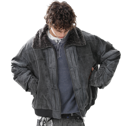 Vintage Distressed Pleated Shearling Collar Fleece Jacket