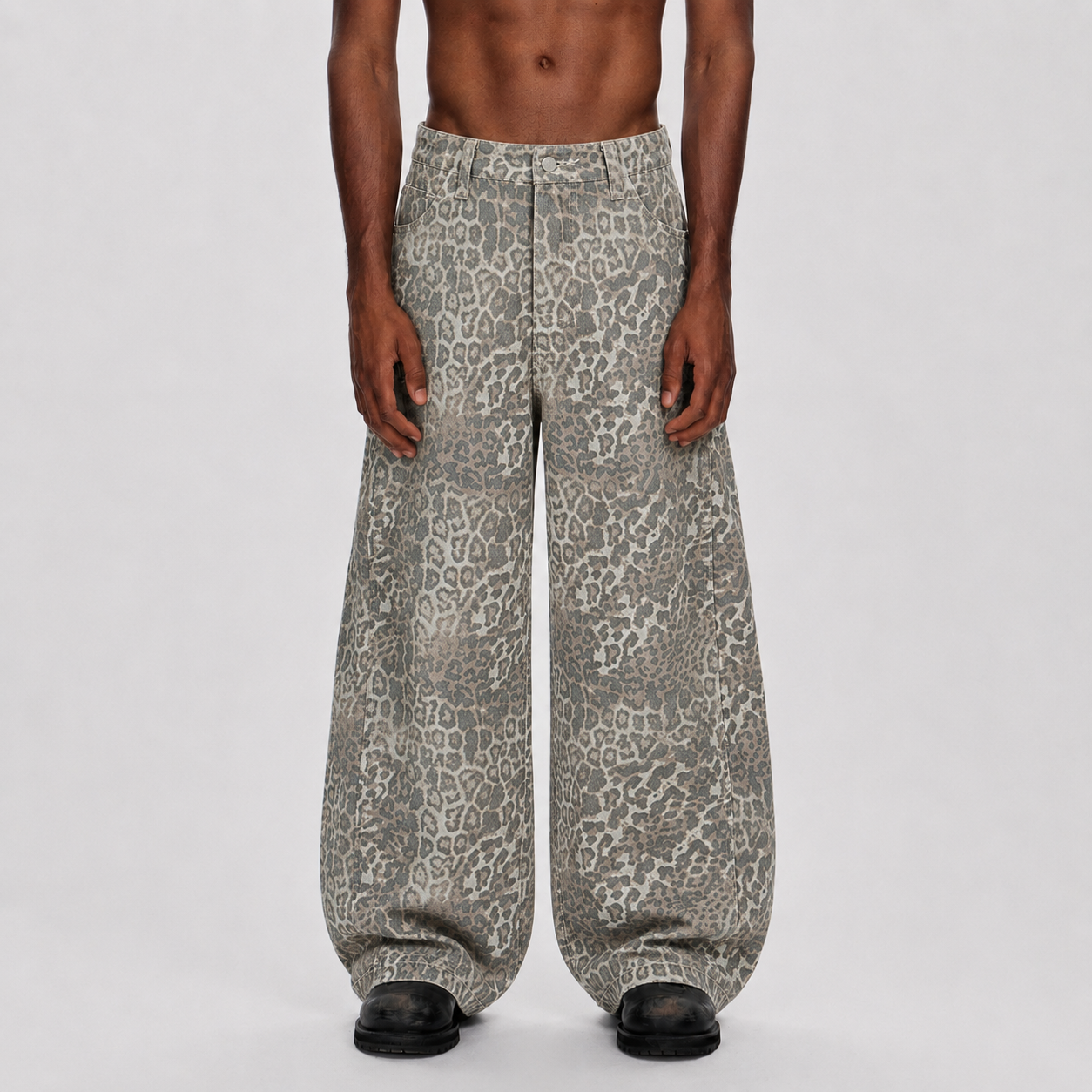 Street Leopard Camouflage Pleated Barrel Jeans