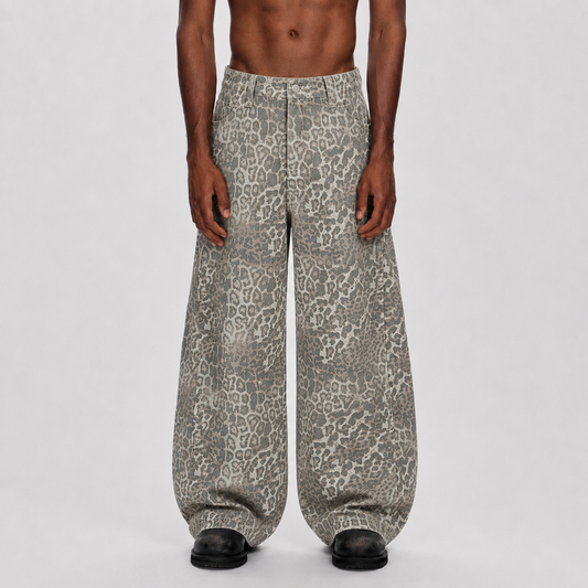 Street Leopard Camouflage Pleated Barrel Jeans