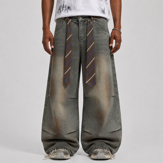 Gradient Sandwash Detachable Tie Baggy Jeans