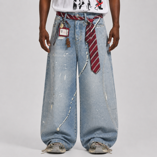 Tie Graphic Print Vintage Wash Wide Leg Denim Jeans