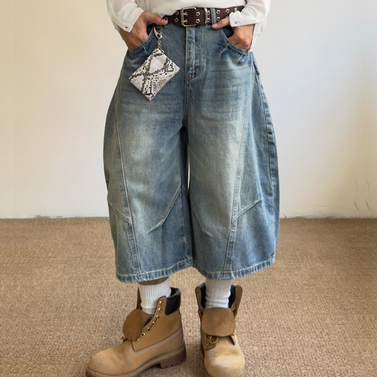 Curved Silhouette 3D Paneled Denim Shorts