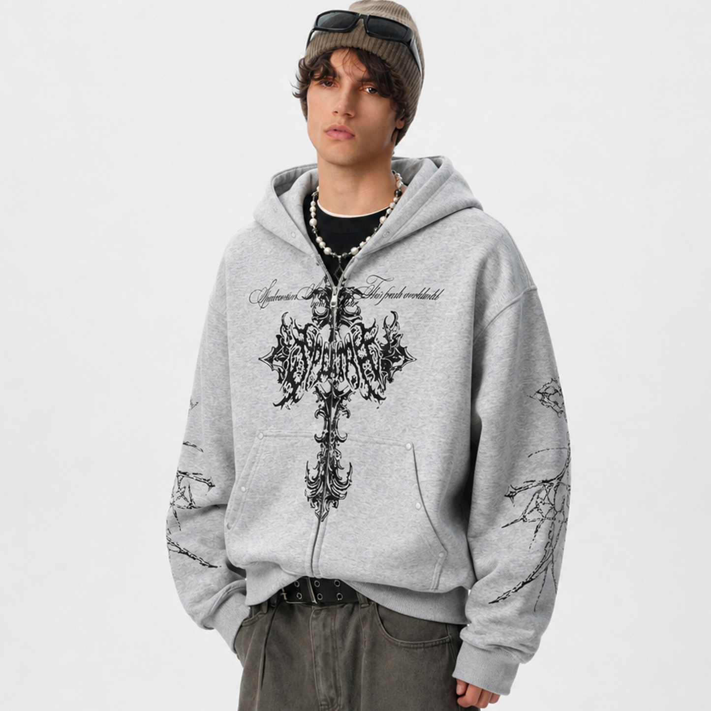 Street Wasteland Washed Cross Print Zip Up Jacket