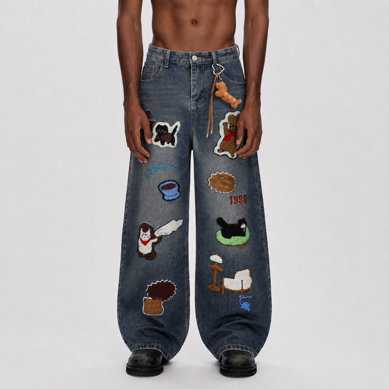 Retro Cartoon Graphic Heavy Embroidery Barrel Jeans