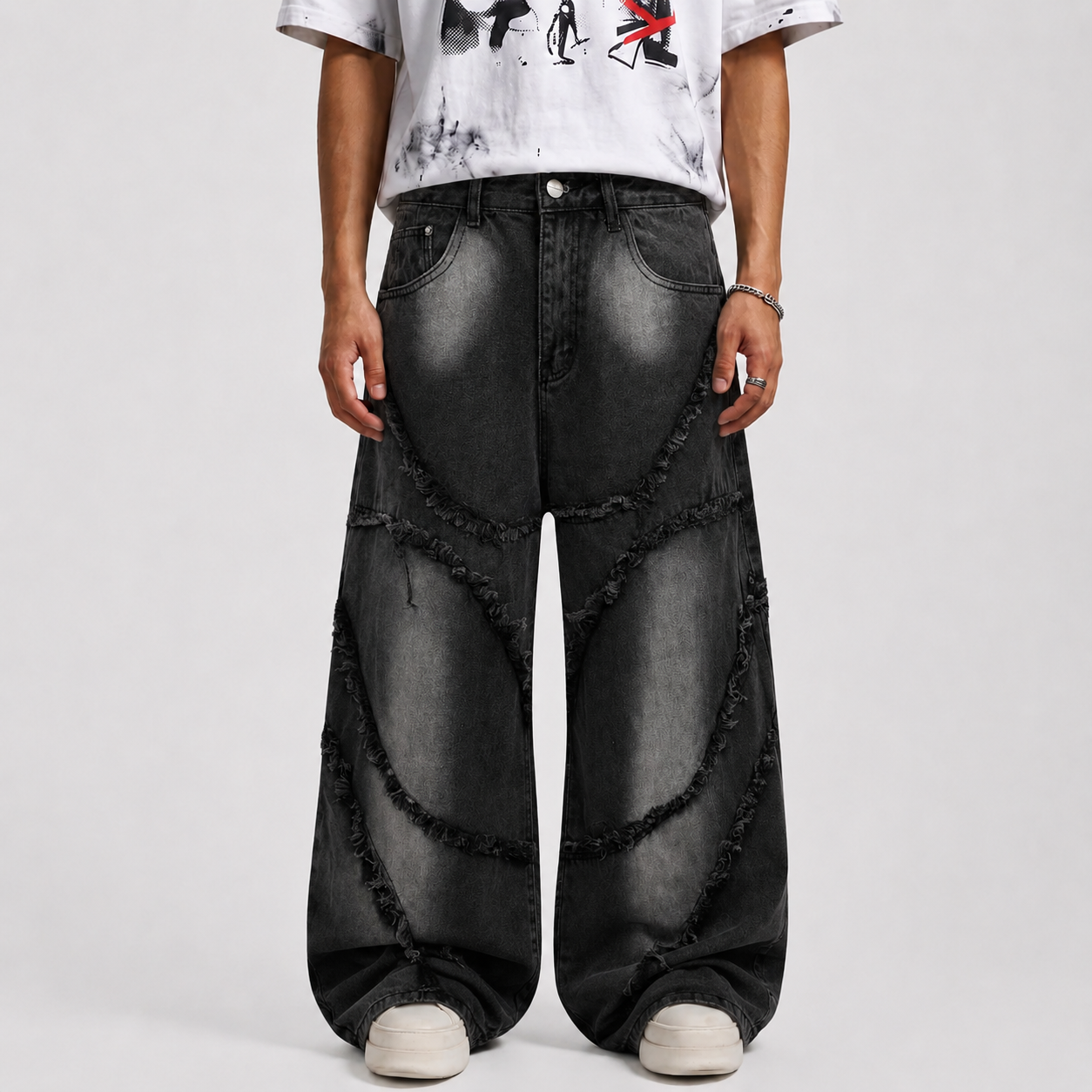 Washed Distressed Raw Edge Barrel Jeans