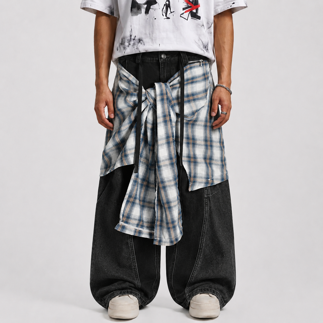 Denim Faux Two-piece Plaid Detachable Scimitar Jeans