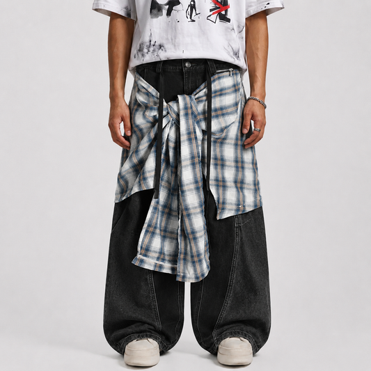Denim Faux Two-piece Plaid Detachable Scimitar Jeans