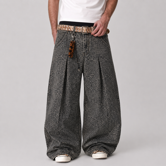 eopard Pleated Wide Leg Denim Barrel Jeans