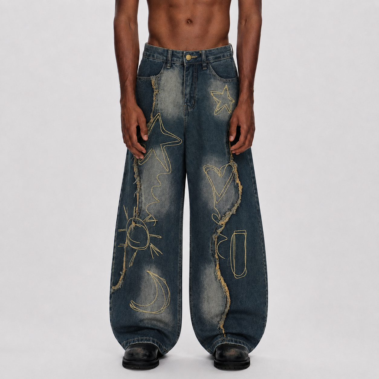 Vintage Embroidered Washed Raw-Edge Graffiti Scimitar Jeans